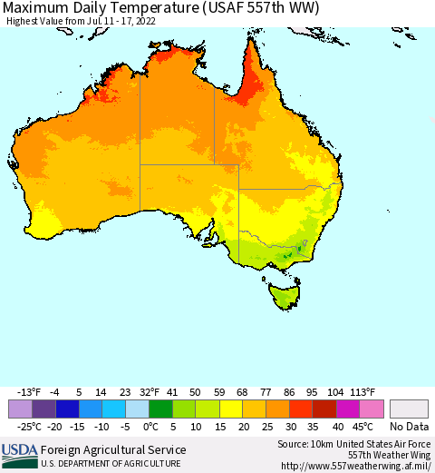 Australia Maximum Daily Temperature (USAF 557th WW) Thematic Map For 7/11/2022 - 7/17/2022