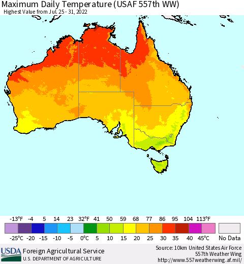 Australia Maximum Daily Temperature (USAF 557th WW) Thematic Map For 7/25/2022 - 7/31/2022