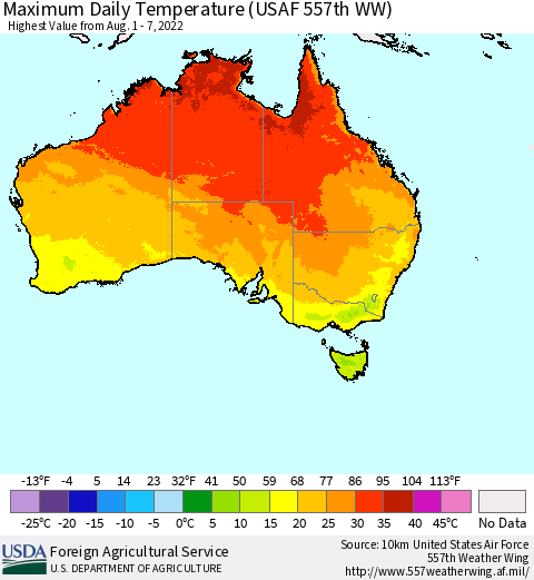 Australia Maximum Daily Temperature (USAF 557th WW) Thematic Map For 8/1/2022 - 8/7/2022