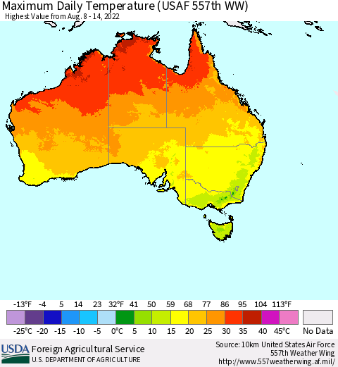 Australia Maximum Daily Temperature (USAF 557th WW) Thematic Map For 8/8/2022 - 8/14/2022