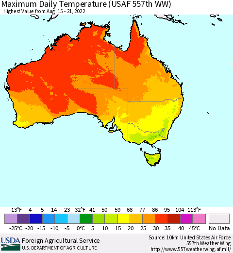 Australia Maximum Daily Temperature (USAF 557th WW) Thematic Map For 8/15/2022 - 8/21/2022