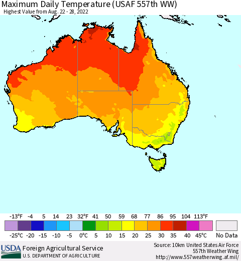 Australia Maximum Daily Temperature (USAF 557th WW) Thematic Map For 8/22/2022 - 8/28/2022