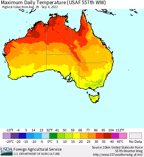 Australia Maximum Daily Temperature (USAF 557th WW) Thematic Map For 8/29/2022 - 9/4/2022