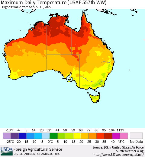 Australia Maximum Daily Temperature (USAF 557th WW) Thematic Map For 9/5/2022 - 9/11/2022