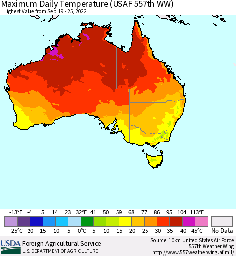 Australia Maximum Daily Temperature (USAF 557th WW) Thematic Map For 9/19/2022 - 9/25/2022