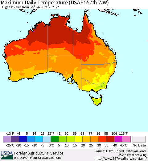 Australia Maximum Daily Temperature (USAF 557th WW) Thematic Map For 9/26/2022 - 10/2/2022