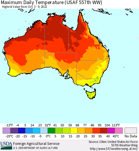 Australia Maximum Daily Temperature (USAF 557th WW) Thematic Map For 10/3/2022 - 10/9/2022
