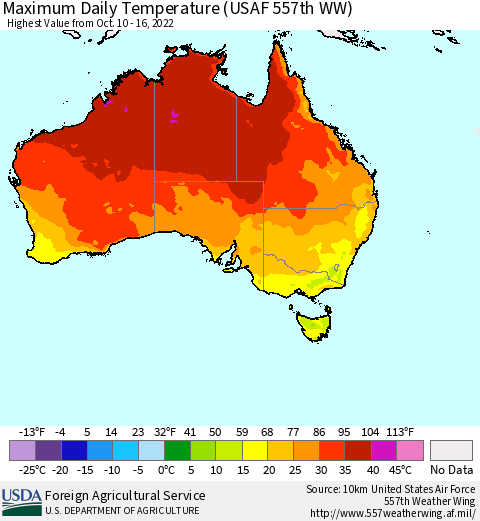 Australia Maximum Daily Temperature (USAF 557th WW) Thematic Map For 10/10/2022 - 10/16/2022