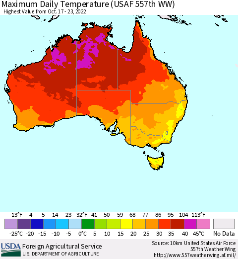 Australia Maximum Daily Temperature (USAF 557th WW) Thematic Map For 10/17/2022 - 10/23/2022