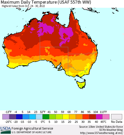 Australia Maximum Daily Temperature (USAF 557th WW) Thematic Map For 10/24/2022 - 10/30/2022