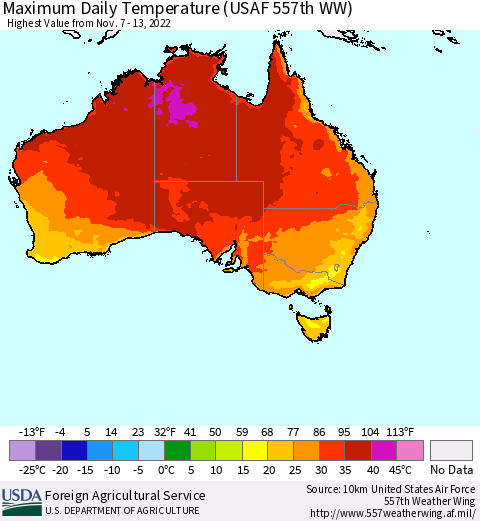 Australia Maximum Daily Temperature (USAF 557th WW) Thematic Map For 11/7/2022 - 11/13/2022