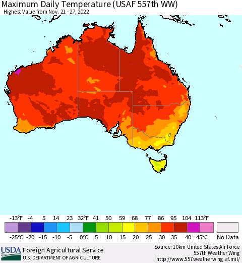 Australia Maximum Daily Temperature (USAF 557th WW) Thematic Map For 11/21/2022 - 11/27/2022