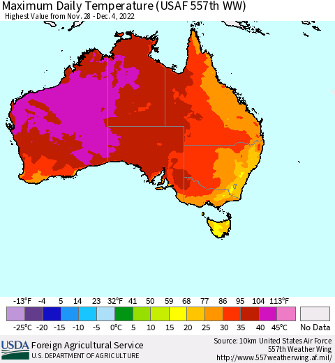 Australia Maximum Daily Temperature (USAF 557th WW) Thematic Map For 11/28/2022 - 12/4/2022