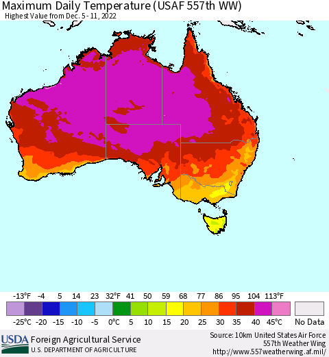 Australia Maximum Daily Temperature (USAF 557th WW) Thematic Map For 12/5/2022 - 12/11/2022