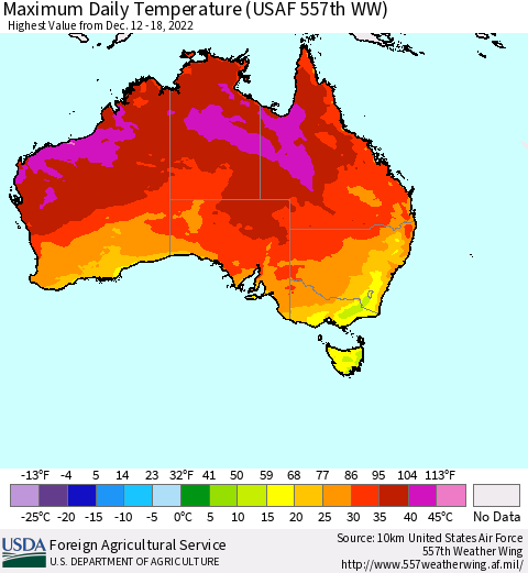 Australia Maximum Daily Temperature (USAF 557th WW) Thematic Map For 12/12/2022 - 12/18/2022