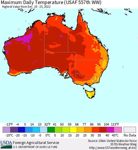 Australia Maximum Daily Temperature (USAF 557th WW) Thematic Map For 12/19/2022 - 12/25/2022