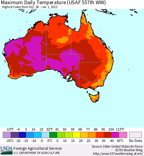 Australia Maximum Daily Temperature (USAF 557th WW) Thematic Map For 12/26/2022 - 1/1/2023