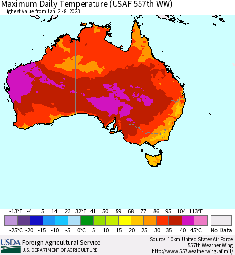 Australia Maximum Daily Temperature (USAF 557th WW) Thematic Map For 1/2/2023 - 1/8/2023