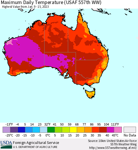 Australia Maximum Daily Temperature (USAF 557th WW) Thematic Map For 1/9/2023 - 1/15/2023