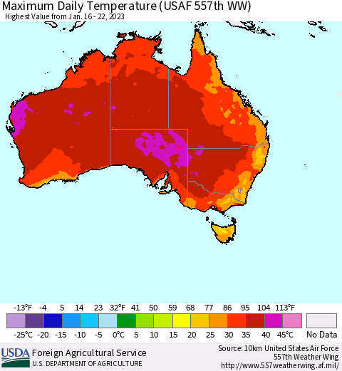 Australia Maximum Daily Temperature (USAF 557th WW) Thematic Map For 1/16/2023 - 1/22/2023