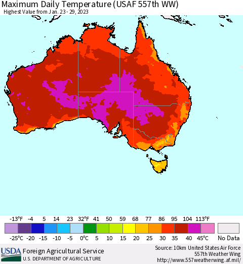 Australia Maximum Daily Temperature (USAF 557th WW) Thematic Map For 1/23/2023 - 1/29/2023