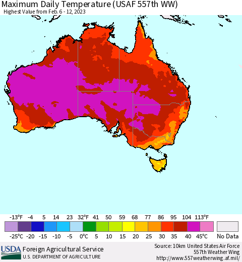 Australia Maximum Daily Temperature (USAF 557th WW) Thematic Map For 2/6/2023 - 2/12/2023