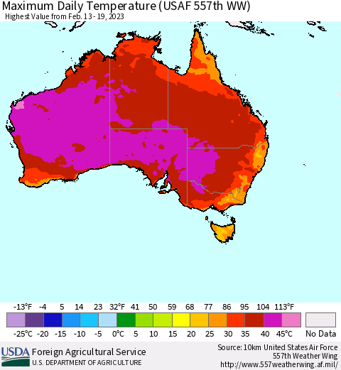 Australia Maximum Daily Temperature (USAF 557th WW) Thematic Map For 2/13/2023 - 2/19/2023