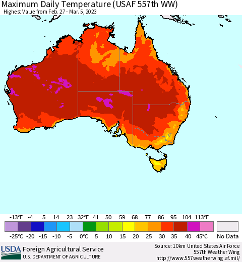 Australia Maximum Daily Temperature (USAF 557th WW) Thematic Map For 2/27/2023 - 3/5/2023