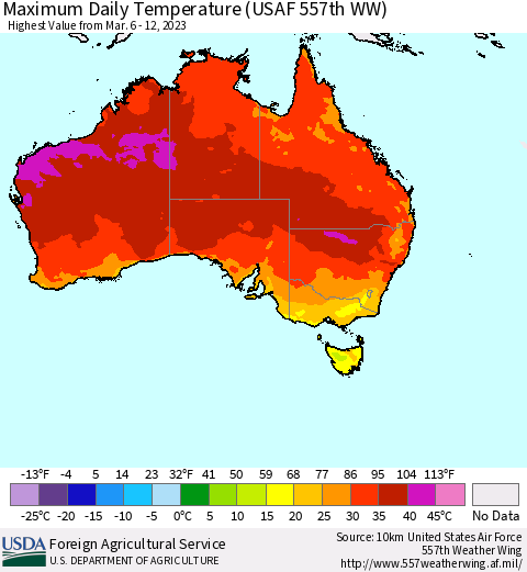 Australia Maximum Daily Temperature (USAF 557th WW) Thematic Map For 3/6/2023 - 3/12/2023