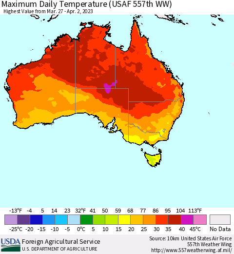 Australia Maximum Daily Temperature (USAF 557th WW) Thematic Map For 3/27/2023 - 4/2/2023