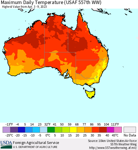 Australia Maximum Daily Temperature (USAF 557th WW) Thematic Map For 4/3/2023 - 4/9/2023