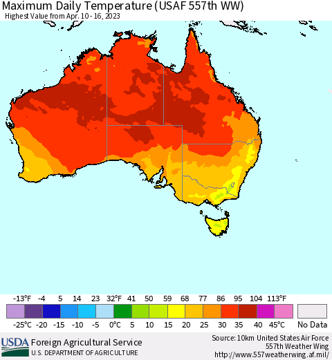 Australia Maximum Daily Temperature (USAF 557th WW) Thematic Map For 4/10/2023 - 4/16/2023