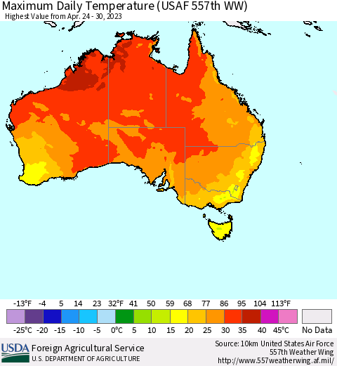 Australia Maximum Daily Temperature (USAF 557th WW) Thematic Map For 4/24/2023 - 4/30/2023
