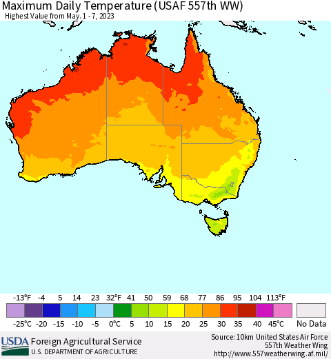 Australia Maximum Daily Temperature (USAF 557th WW) Thematic Map For 5/1/2023 - 5/7/2023