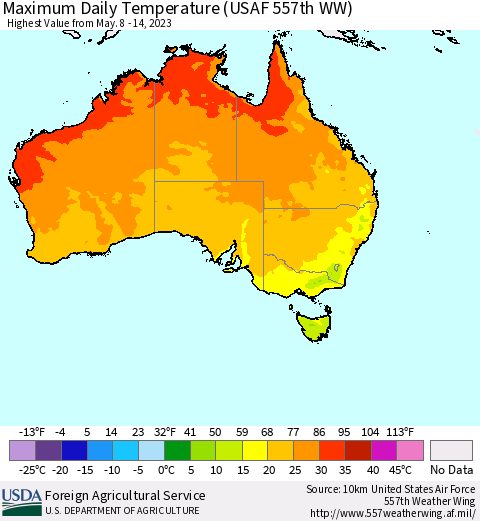 Australia Maximum Daily Temperature (USAF 557th WW) Thematic Map For 5/8/2023 - 5/14/2023