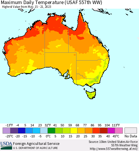 Australia Maximum Daily Temperature (USAF 557th WW) Thematic Map For 5/15/2023 - 5/21/2023