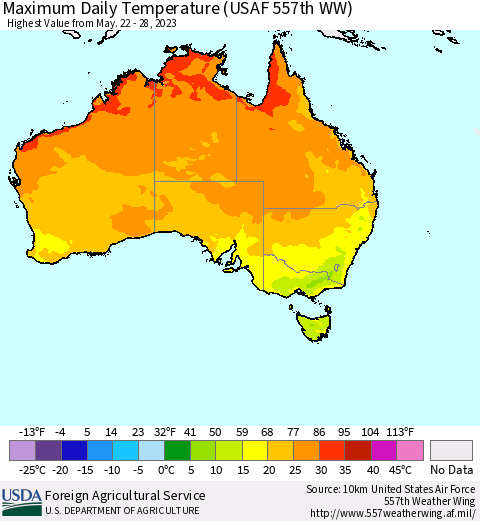 Australia Maximum Daily Temperature (USAF 557th WW) Thematic Map For 5/22/2023 - 5/28/2023