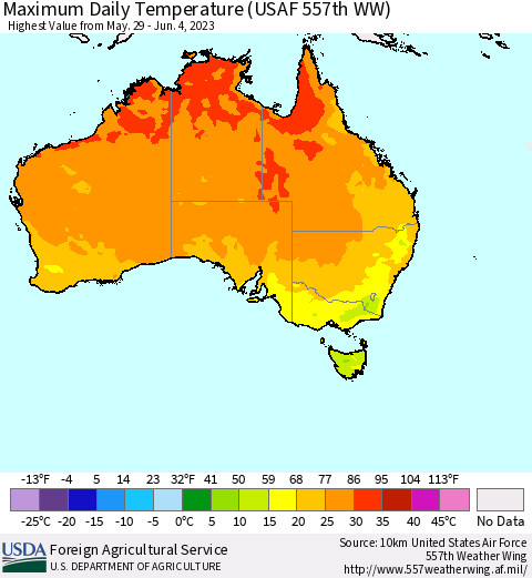 Australia Maximum Daily Temperature (USAF 557th WW) Thematic Map For 5/29/2023 - 6/4/2023