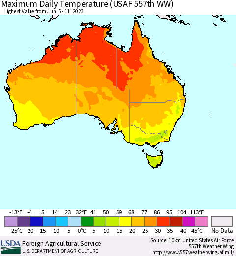 Australia Maximum Daily Temperature (USAF 557th WW) Thematic Map For 6/5/2023 - 6/11/2023