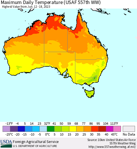 Australia Maximum Daily Temperature (USAF 557th WW) Thematic Map For 6/12/2023 - 6/18/2023
