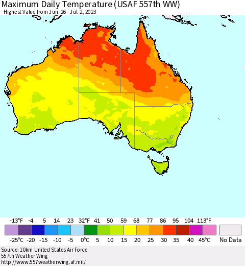 Australia Maximum Daily Temperature (USAF 557th WW) Thematic Map For 6/26/2023 - 7/2/2023