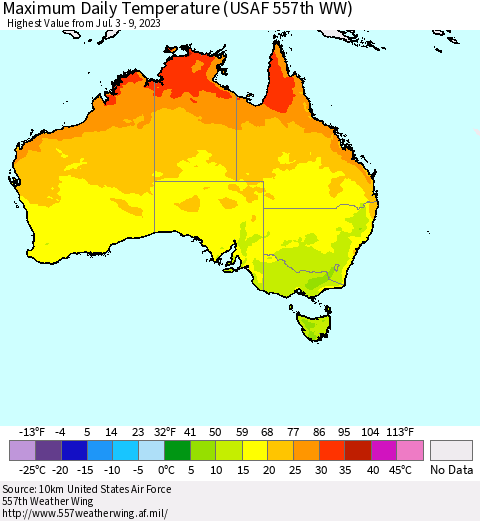 Australia Maximum Daily Temperature (USAF 557th WW) Thematic Map For 7/3/2023 - 7/9/2023