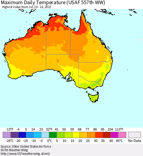 Australia Maximum Daily Temperature (USAF 557th WW) Thematic Map For 7/10/2023 - 7/16/2023