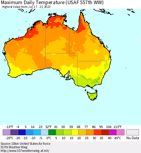 Australia Maximum Daily Temperature (USAF 557th WW) Thematic Map For 7/17/2023 - 7/23/2023