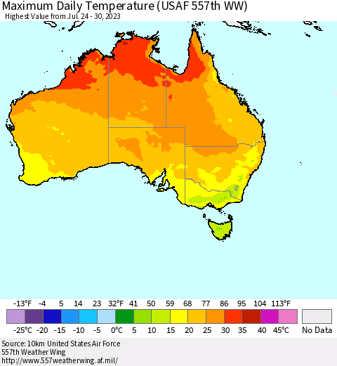 Australia Maximum Daily Temperature (USAF 557th WW) Thematic Map For 7/24/2023 - 7/30/2023