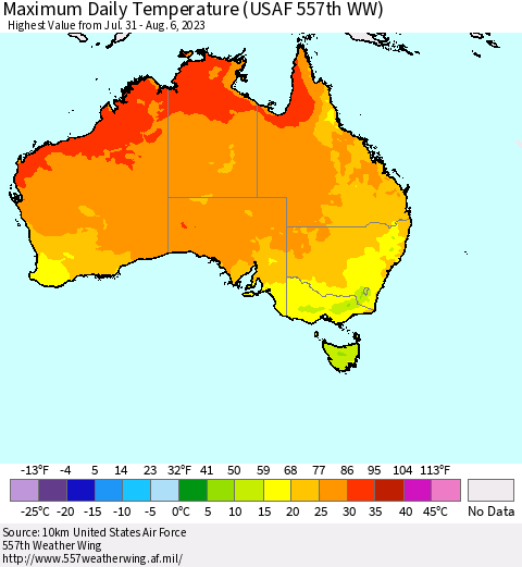 Australia Maximum Daily Temperature (USAF 557th WW) Thematic Map For 7/31/2023 - 8/6/2023