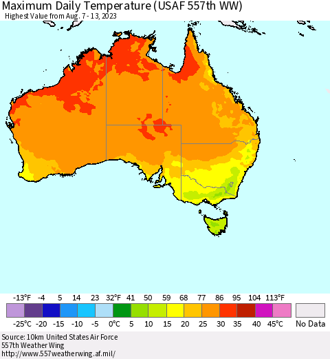 Australia Maximum Daily Temperature (USAF 557th WW) Thematic Map For 8/7/2023 - 8/13/2023