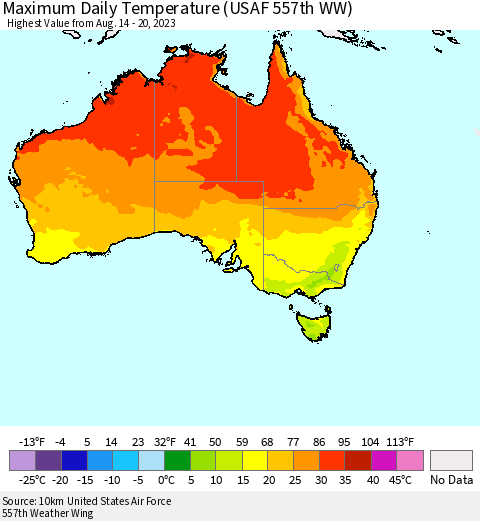 Australia Maximum Daily Temperature (USAF 557th WW) Thematic Map For 8/14/2023 - 8/20/2023