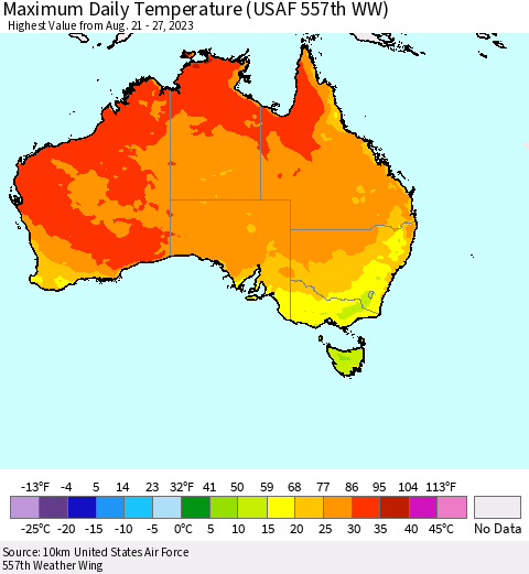 Australia Maximum Daily Temperature (USAF 557th WW) Thematic Map For 8/21/2023 - 8/27/2023