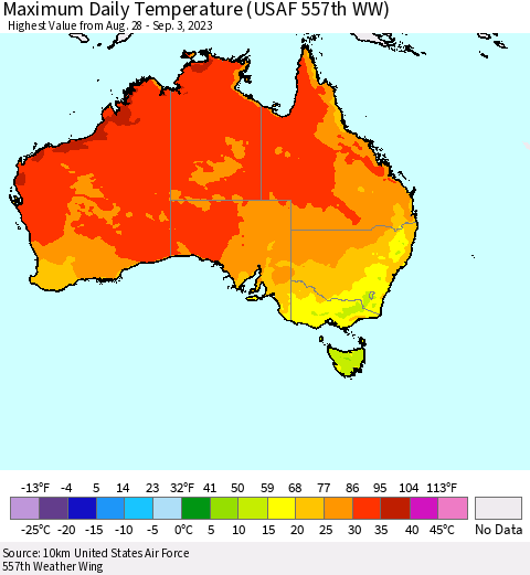 Australia Maximum Daily Temperature (USAF 557th WW) Thematic Map For 8/28/2023 - 9/3/2023